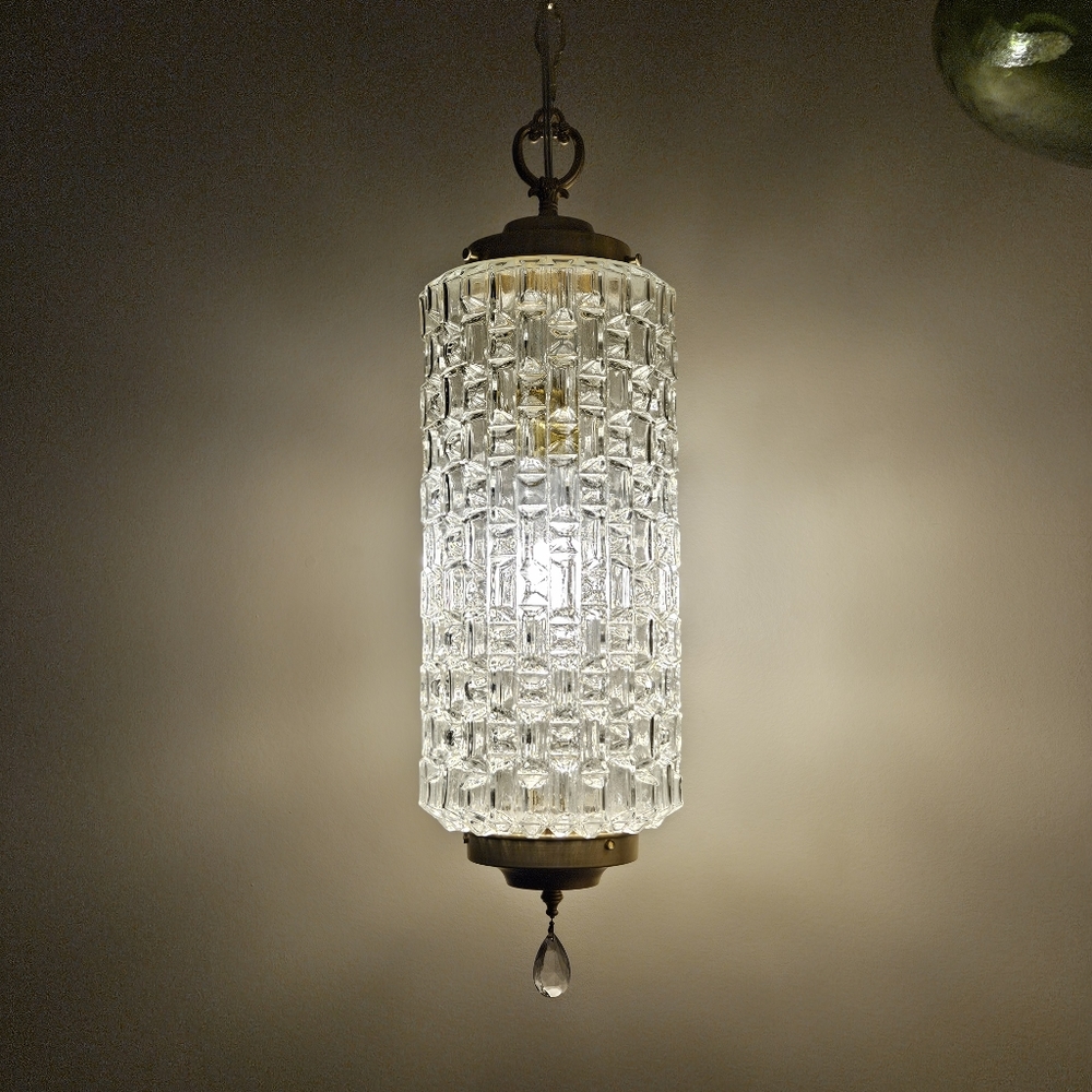 DIAMOND-Cut Clear Glass Hanging Vintage Light Swag Lamp Retro Globe Mid Century - Picture 1 of 2